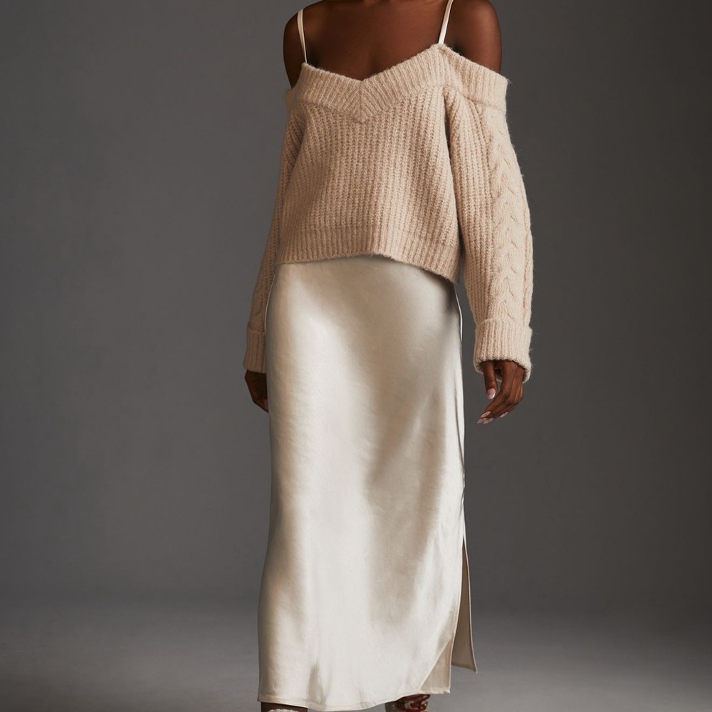 Mare Mare Anthropologie Cream Knit Sweater and MIDISatin Skirt Set - Large Size